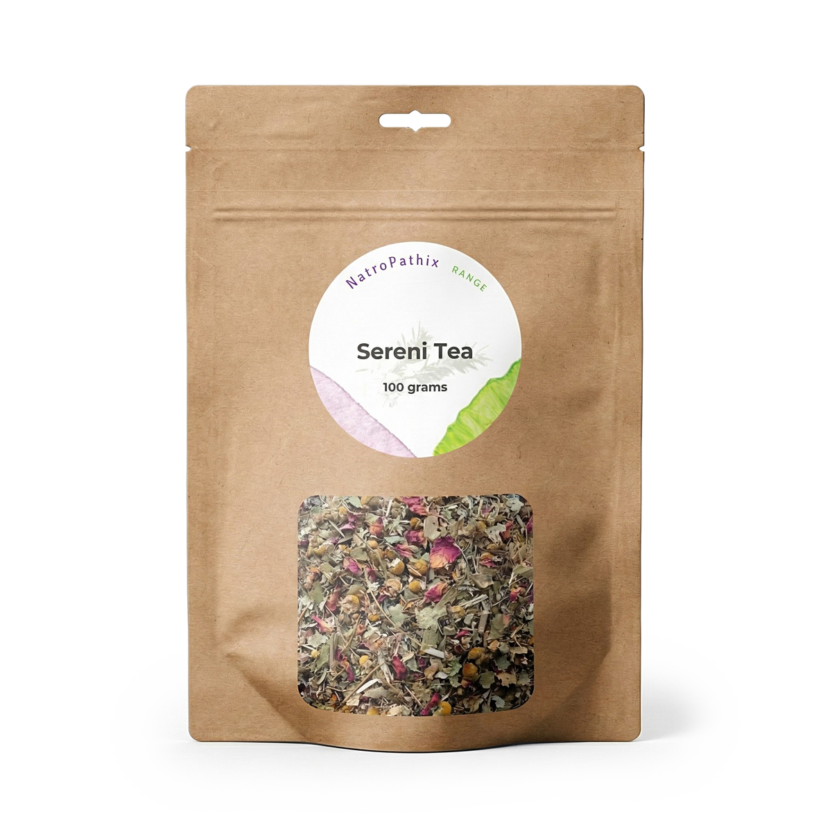 A brown resealable bag labeled "SereniTea - 100gms" features a window displaying loose, natural calming tea inside—an ideal herbal tea for stress relief.