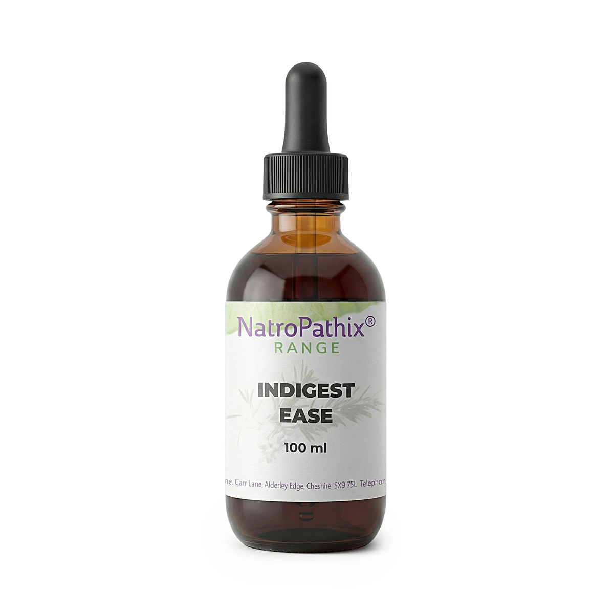 A brown dropper bottle labeled "Indigest-Ease Tincture - 100 ml" is shown against a white background; this herbal tincture provides natural relief from acidity.