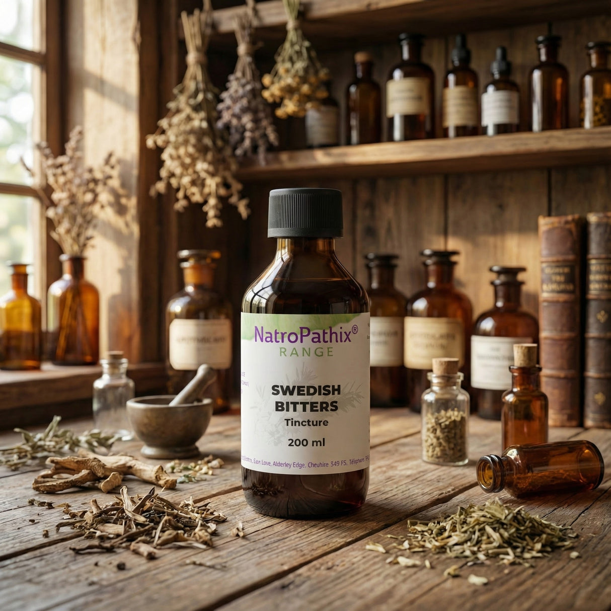 A bottle of Swedish Bitters Tincture (100/200/300ml) rests on a rustic wooden table among herbs and apothecary jars, reflecting the tradition of natural digestive wellness support.