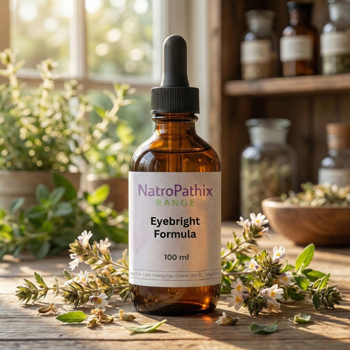 A bottle of Eyebright Formula - 50ml rests among fresh herbs and flowers on a wooden table, ready to naturally soothe sore eyes.