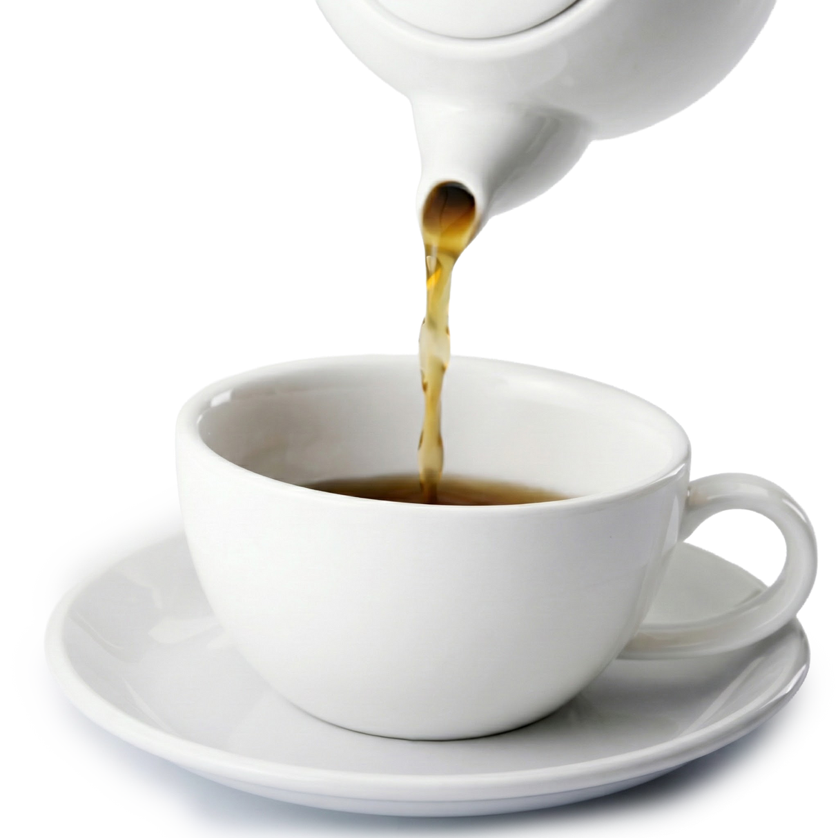 Hayfever Tea - 100gms being poured from a teapot into a white cup and saucer on a white background, ideal for natural antihistamine support and hayfever relief.