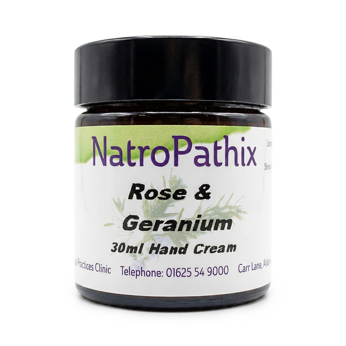 A jar of NatroPathix Rose & Geranium 30ml Hand Cream with a black lid and white label, ideal to pair with the Bounce Back Kit - Get Well Faster! for everyday wellness.