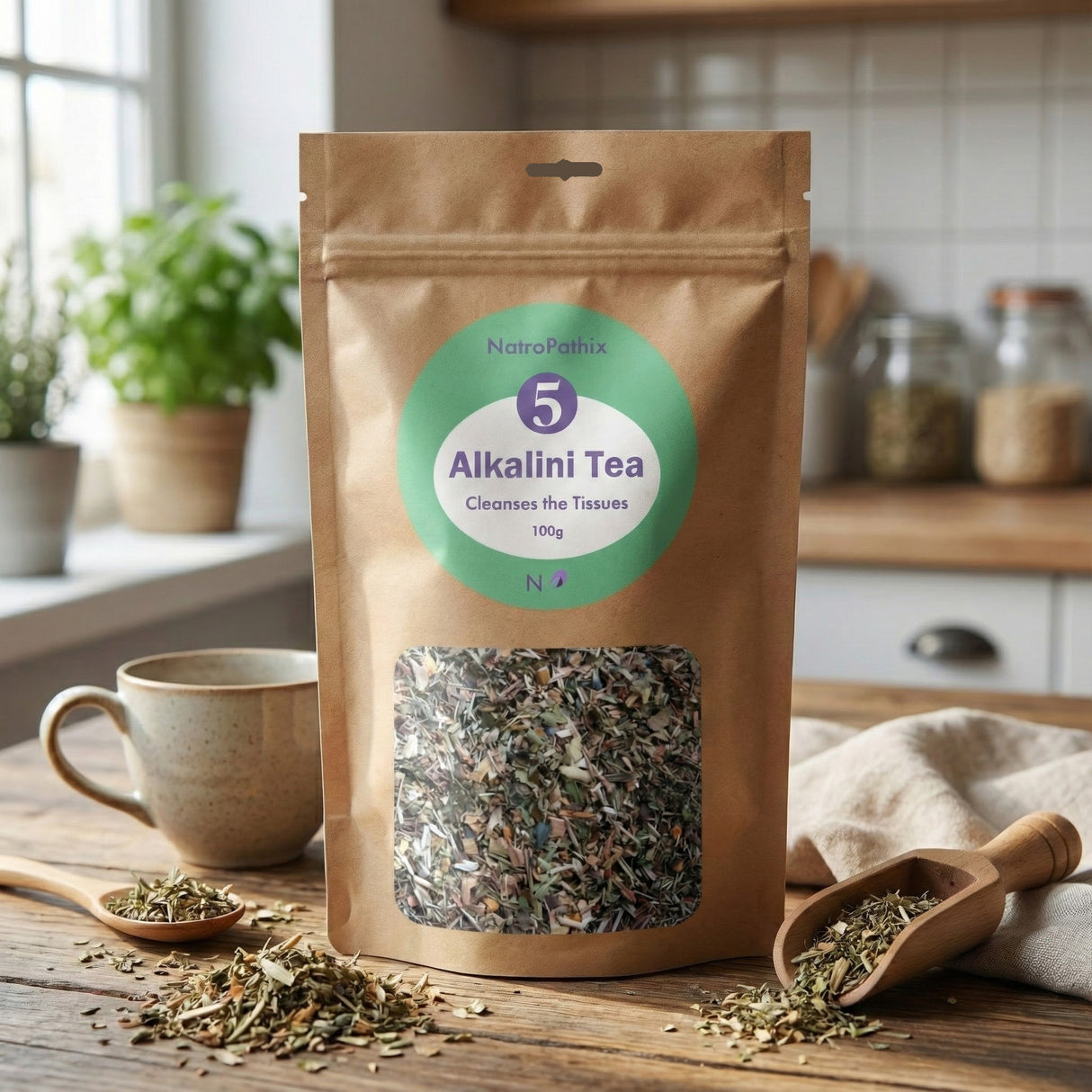 AlkaliniTea - 100gms on a kitchen counter with a cup, wooden spoon, and loose tea leaves—crafted to support detoxification and pH balance.