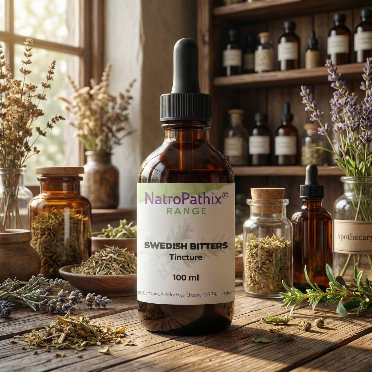 A bottle of Swedish Bitters Tincture (100/200/300ml) rests on a rustic table with herbs and apothecary jars, evoking the tradition of this classic herbal tonic valued for digestive health support.