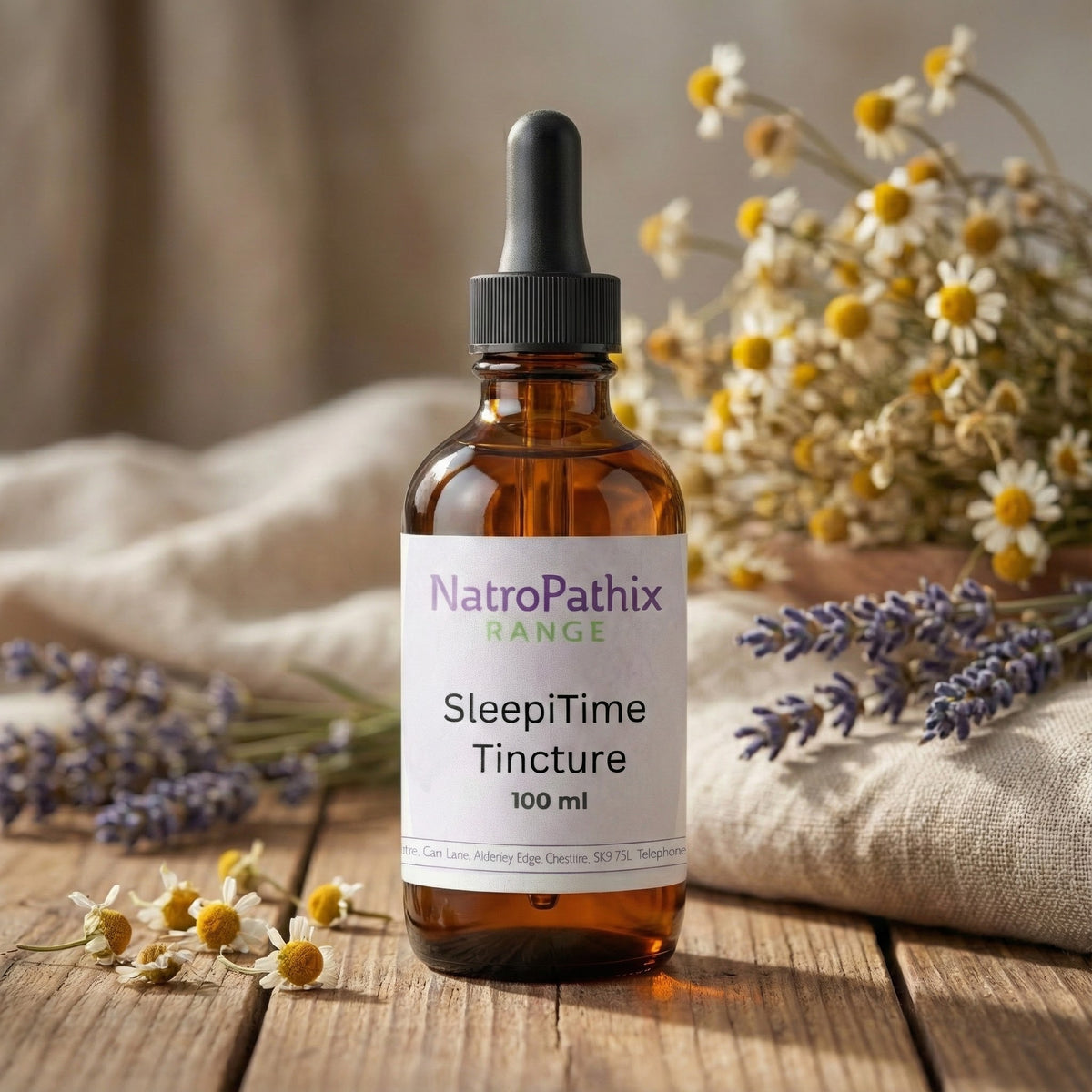 Amber dropper bottle labeled "SleepiTime Tincture," a natural herbal sleep aid, is pictured with chamomile and lavender flowers.
