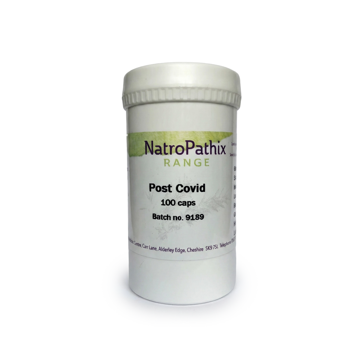 A white bottle labeled "Post Covid - 100 Caps" on a plain background. These adaptogenic capsules are designed to support recovery after COVID.