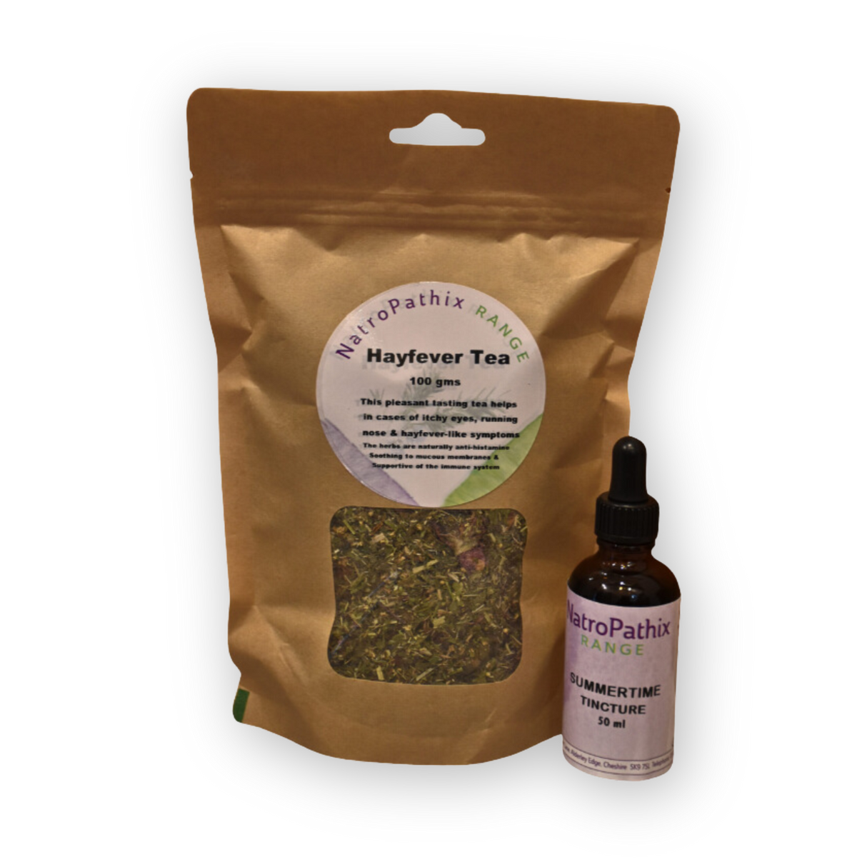The Hayfever Combination includes a bag of antihistamine herbal Hayfever Tea and a 50ml Summertime Tincture for natural hayfever relief, presented on a white background.