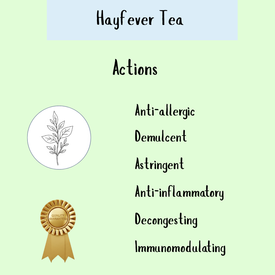 Hayfever Tea - 100gms provides gentle immune support and hayfever relief with its anti-allergic, demulcent, astringent, anti-inflammatory, decongesting, and immunomodulating herbal properties for seasonal wellness.