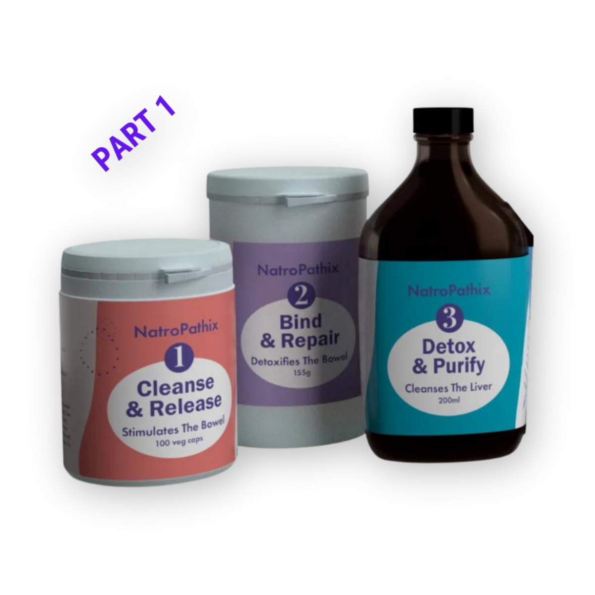 The NatroPathix DETOX: Bowel & Liver Part 1 Herbal Detox bottle—labeled "PART 1"—supports hormone balance and offers a gentle herbal detox.