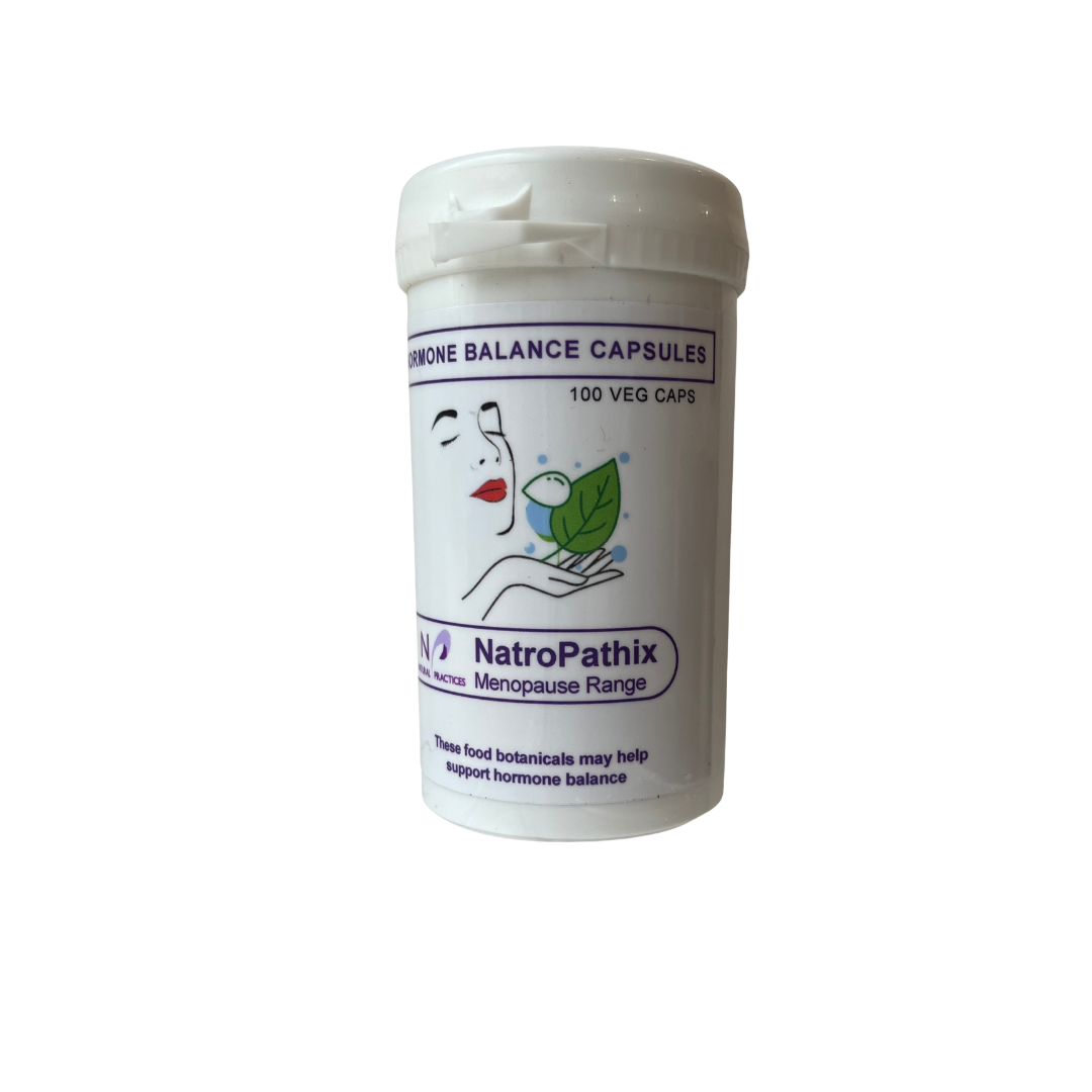 Hormone Balance Capsules - 100: An adaptogenic herbal supplement in a white bottle, formulated to support hormonal balance during menopause. Contains 100 vegan capsules.