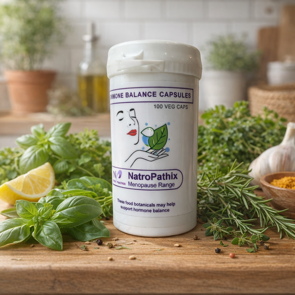 A bottle of Hormone Balance Capsules - 100 is displayed on a kitchen counter, surrounded by fresh herbs and a lemon.