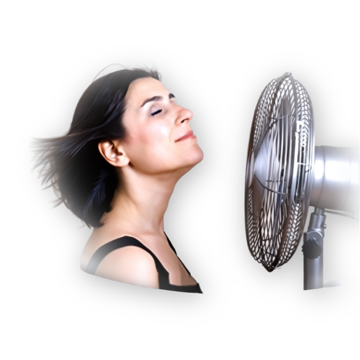 A woman relaxes with her eyes closed, enjoying cool air from a fan as she experiences relief and support from the Hot Flushes and Anxiety Combination.