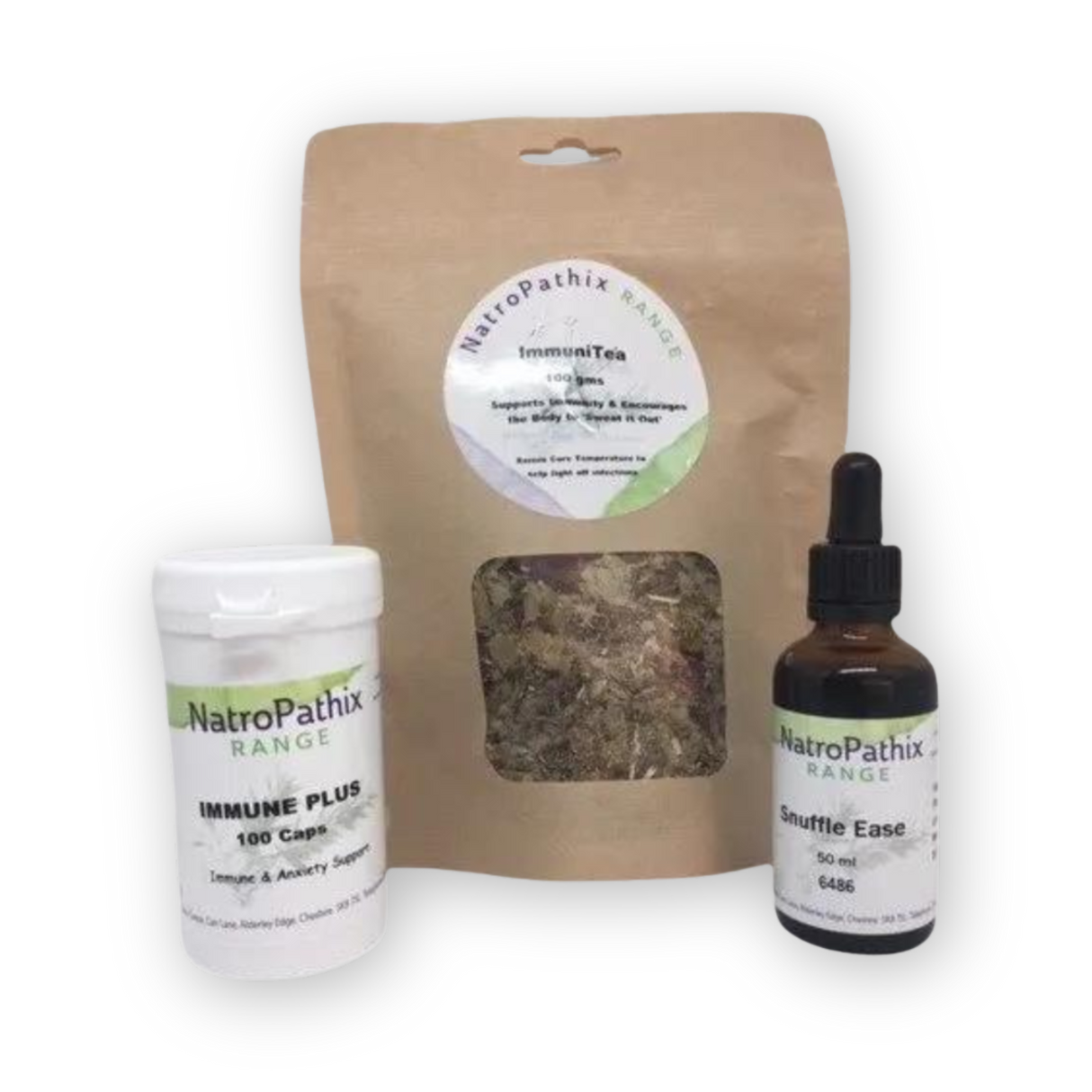 Discover Natropathix’s Immunity Combination—your year-round trio for immune support, featuring the ImmuniTea mix, Immune Plus Capsules, and Snuffle-Ease Tincture.