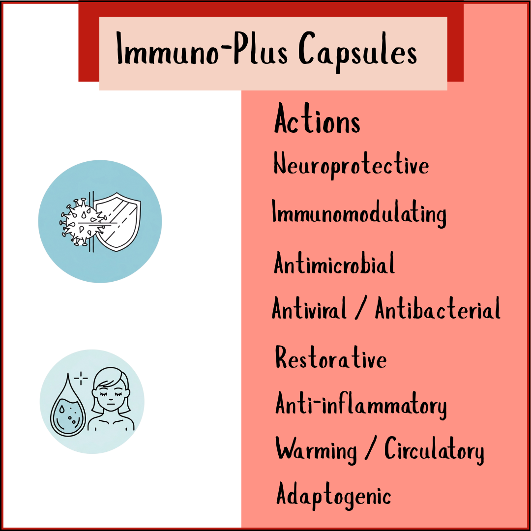 Infographic showing actions of Immune Plus - 100 Capsules, including immune support, neuroprotective effects, antimicrobial benefits, and anti-inflammatory properties.