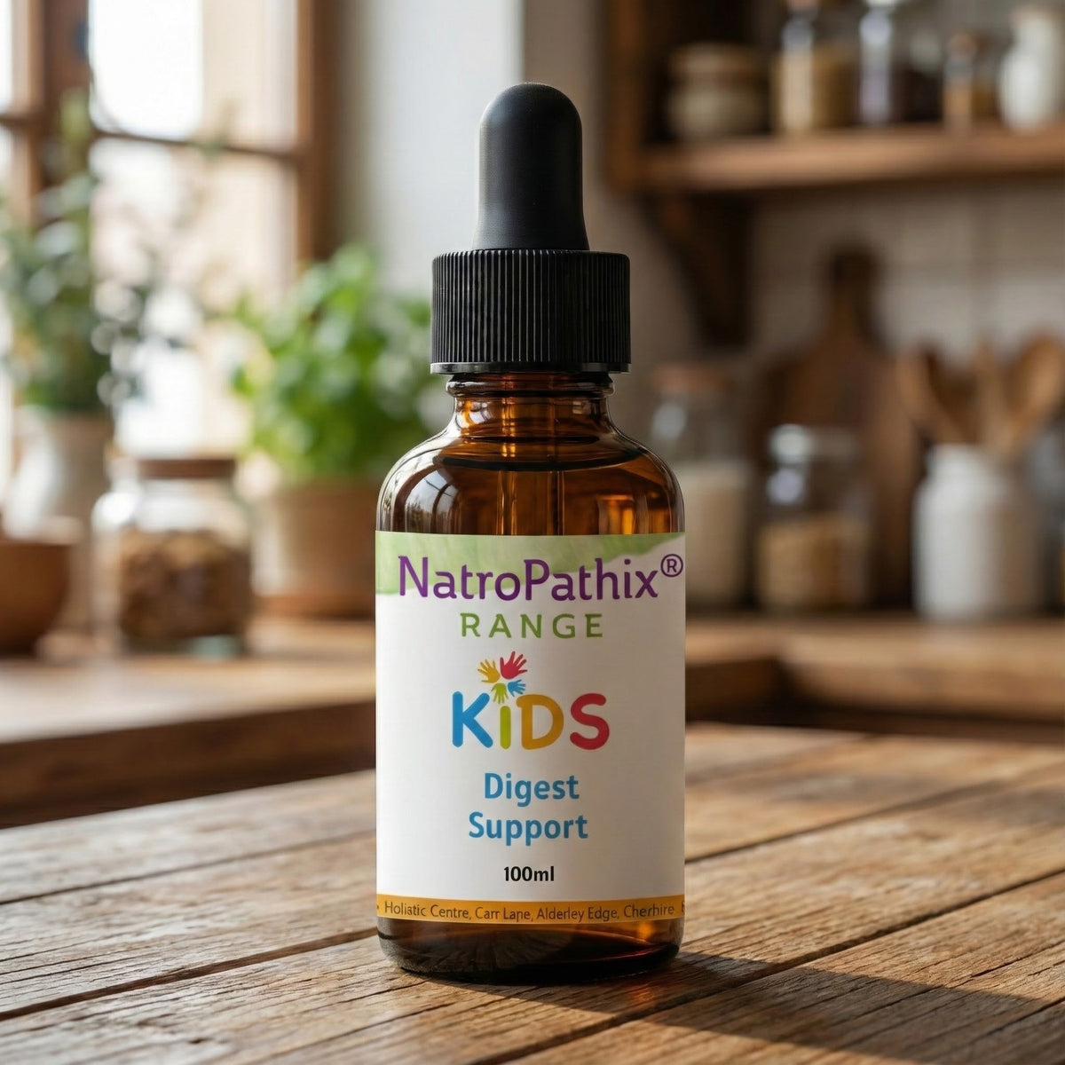 Kids Digest Support 100ml Tincture in a kitchen setting