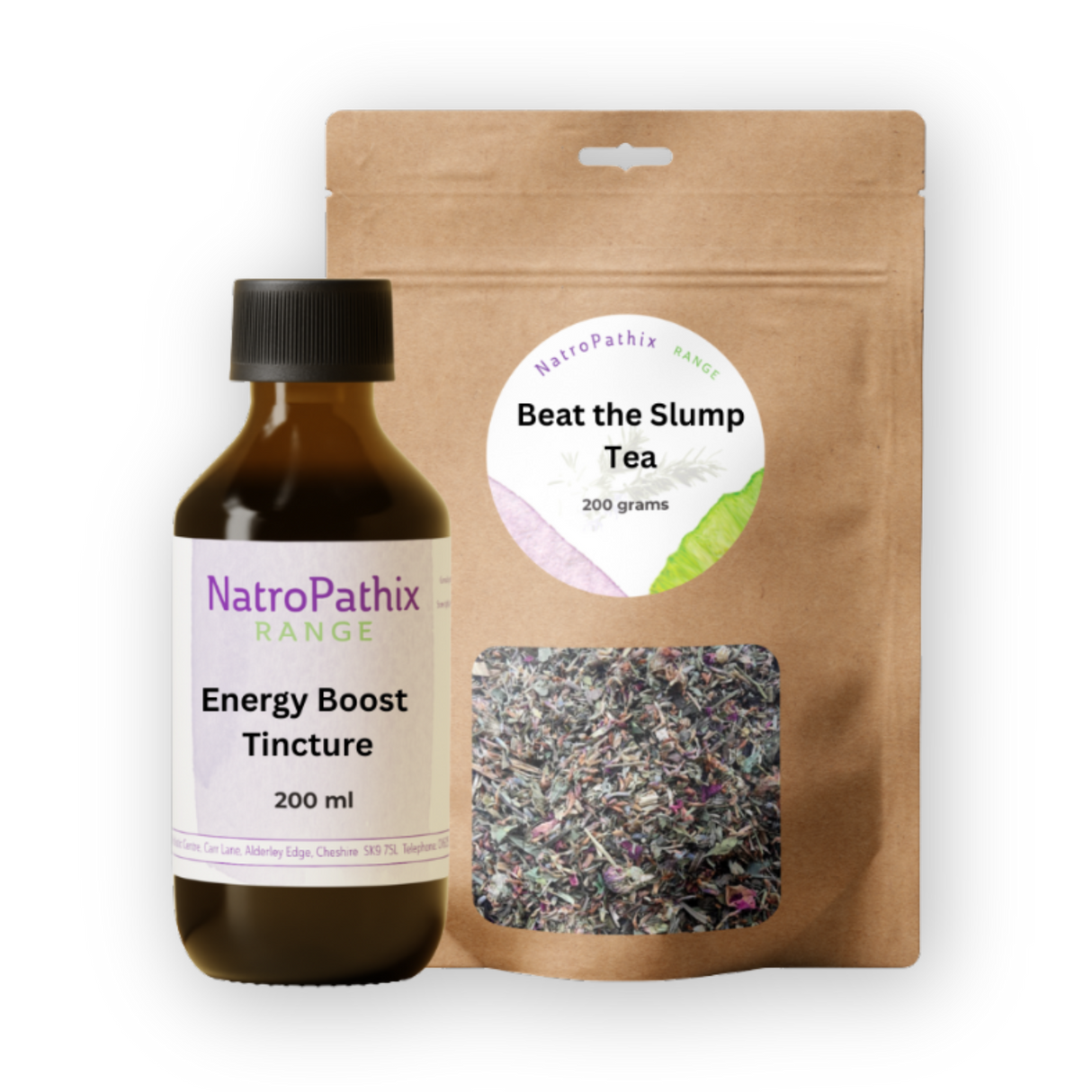 A bottle and a pouch labeled "Kit 3 – Blood Sugar Balance," featuring visible dried tea leaves, both designed to support natural energy and help balance metabolism.