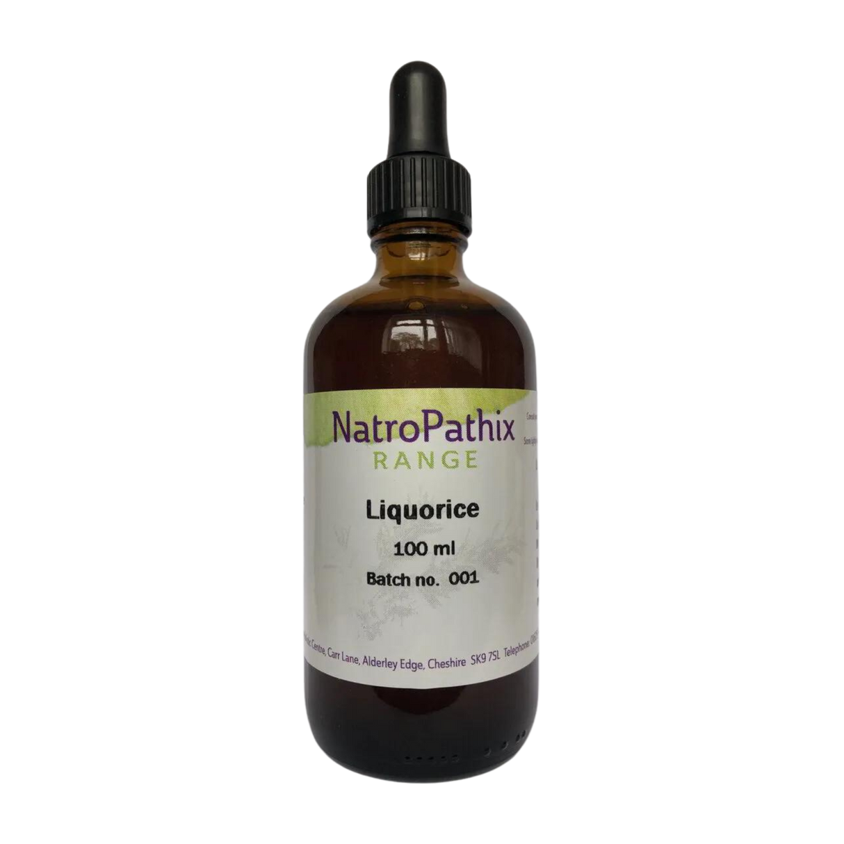 A brown glass dropper bottle labeled "NatroPathix Range Liquorice 100ml, Batch no. 001" on a white background, featuring Liquorice Root - Tincture, Herbal Tea or Powder, traditionally used for gastrointestinal issues.