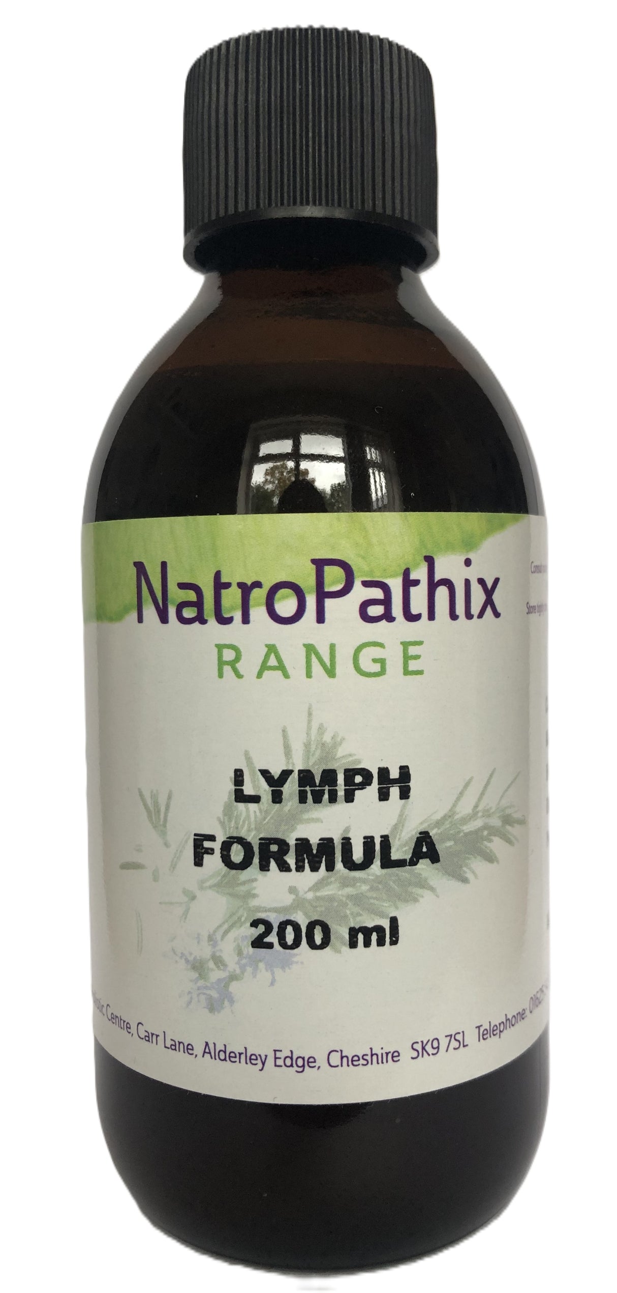 Brown bottle labeled "Lymph Formula - 200ml" with a white and green label, designed to support lymphatic system detox and help with swollen lymph nodes.