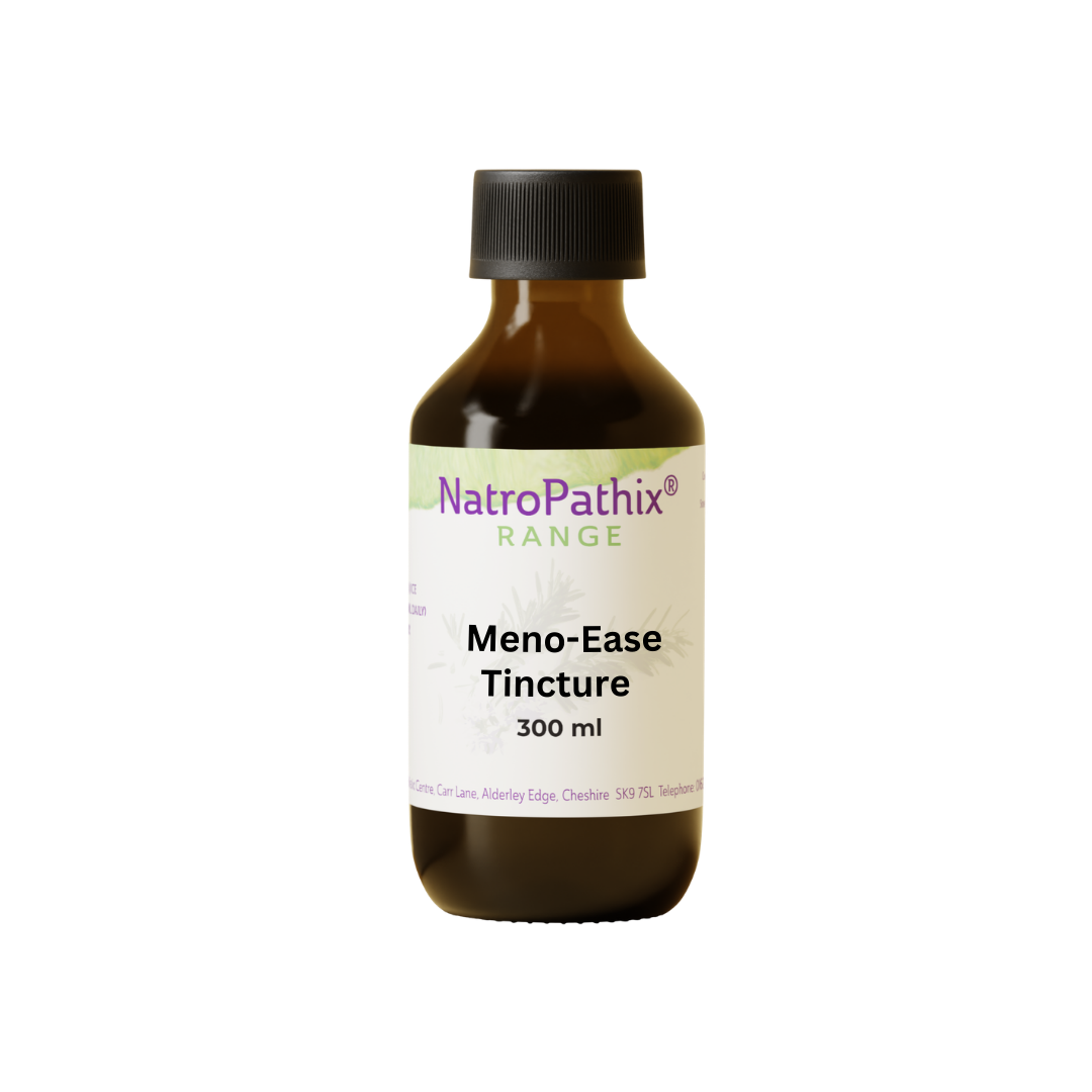 Brown bottle labeled "Meno-Ease Tincture - 200/300ml" with black cap on a white background, containing phyto-oestrogenic herbs to support menopause relief.