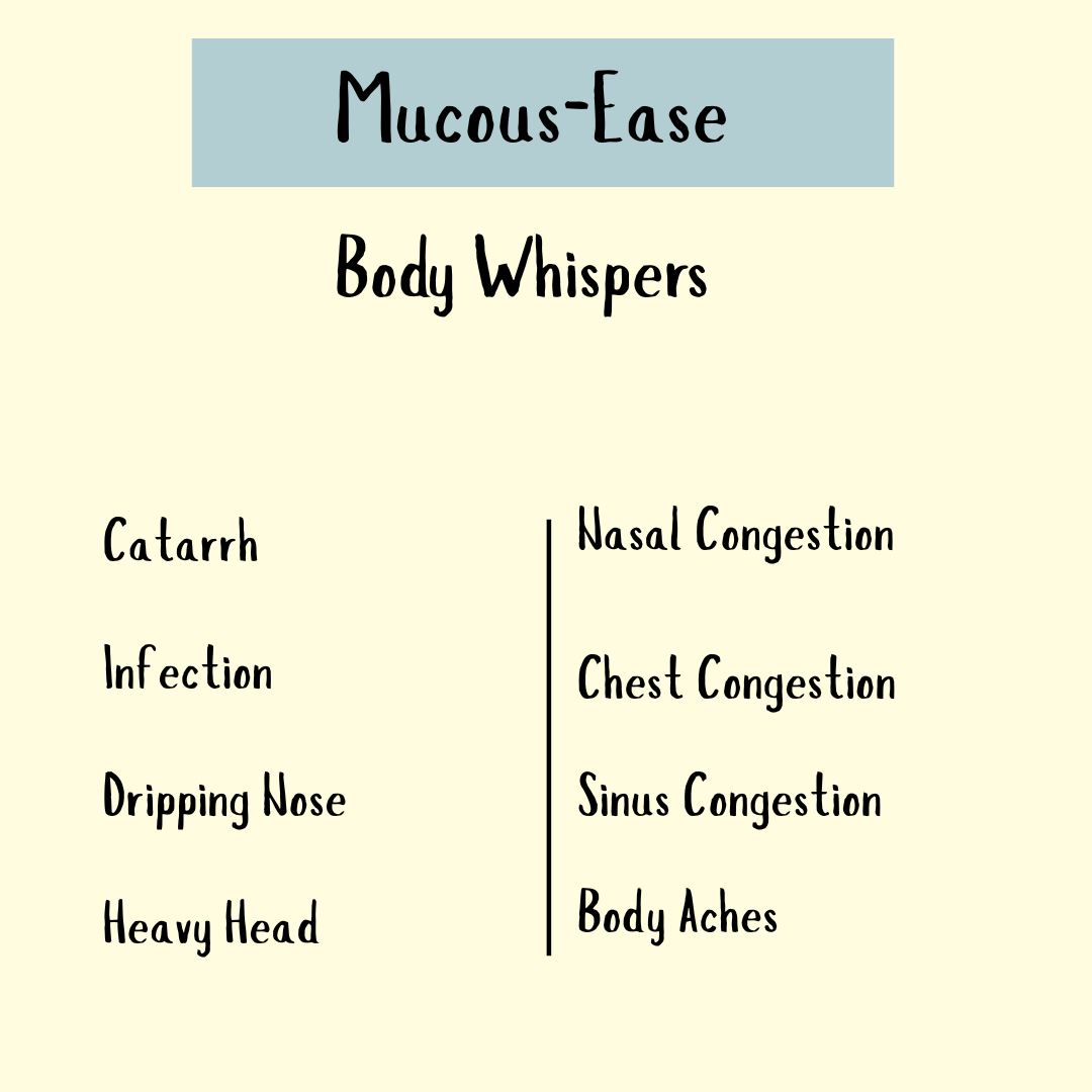 A text graphic lists symptoms like catarrh, infection, runny nose, heavy head, congestion, and body aches, with tips for mucous relief and airway clearing using Mucous-Ease Tincture (200/300ml).