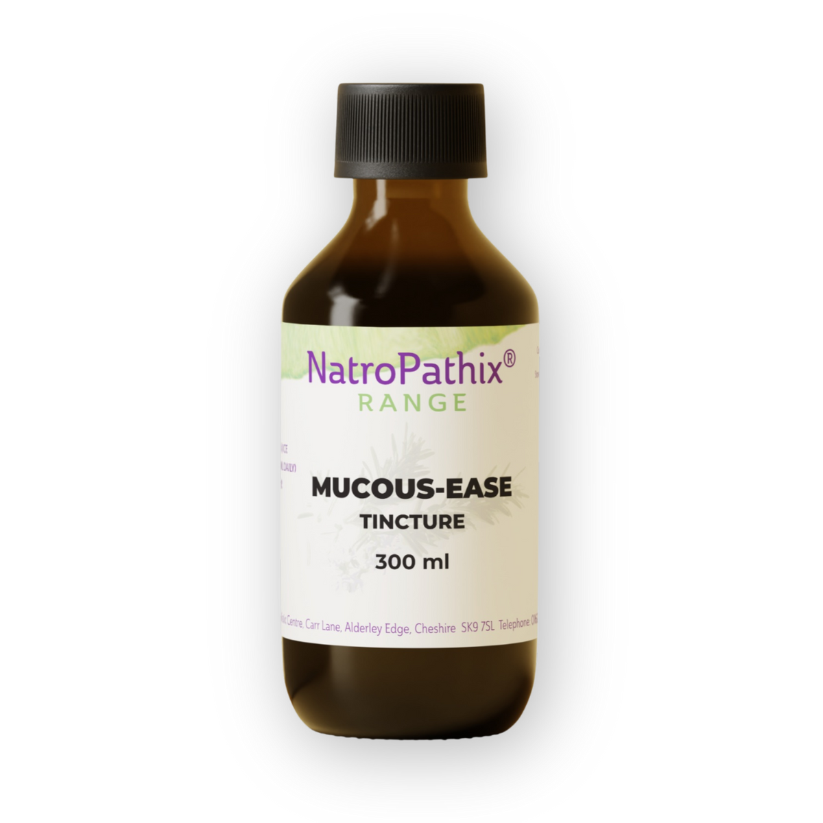 A brown bottle labeled "Mucous-Ease Tincture - 200/300ml" from NatroPathix Range, a herbal remedy formulated to ease congestion and support clear airways, is displayed against a white background.