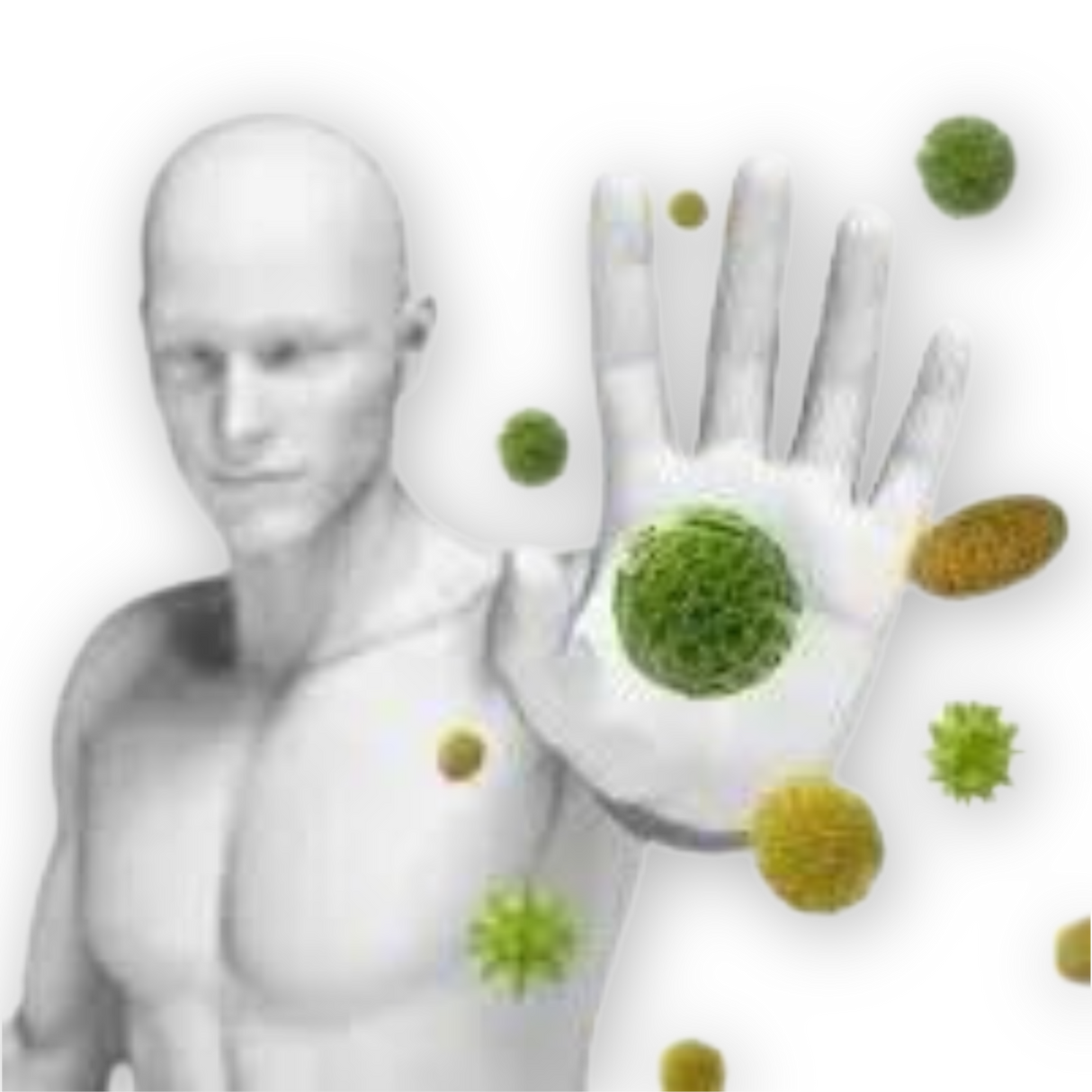 A 3D human figure raises a hand to block green and yellow virus-like particles, symbolizing the immune support and wellness benefits of Mushroom Magic - 100 Medicinal caps.