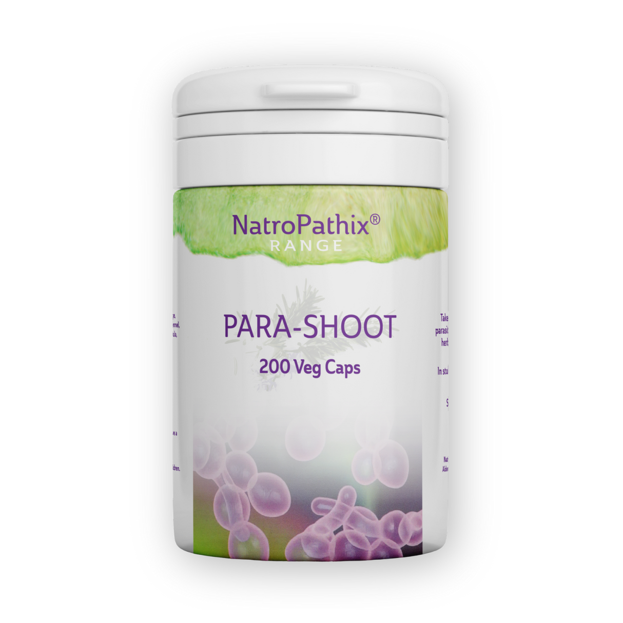 White bottle labeled "Para-shoot capsules" with a green and purple design from NatroPathix Range; an herbal supplement ideal for parasite cleanse.