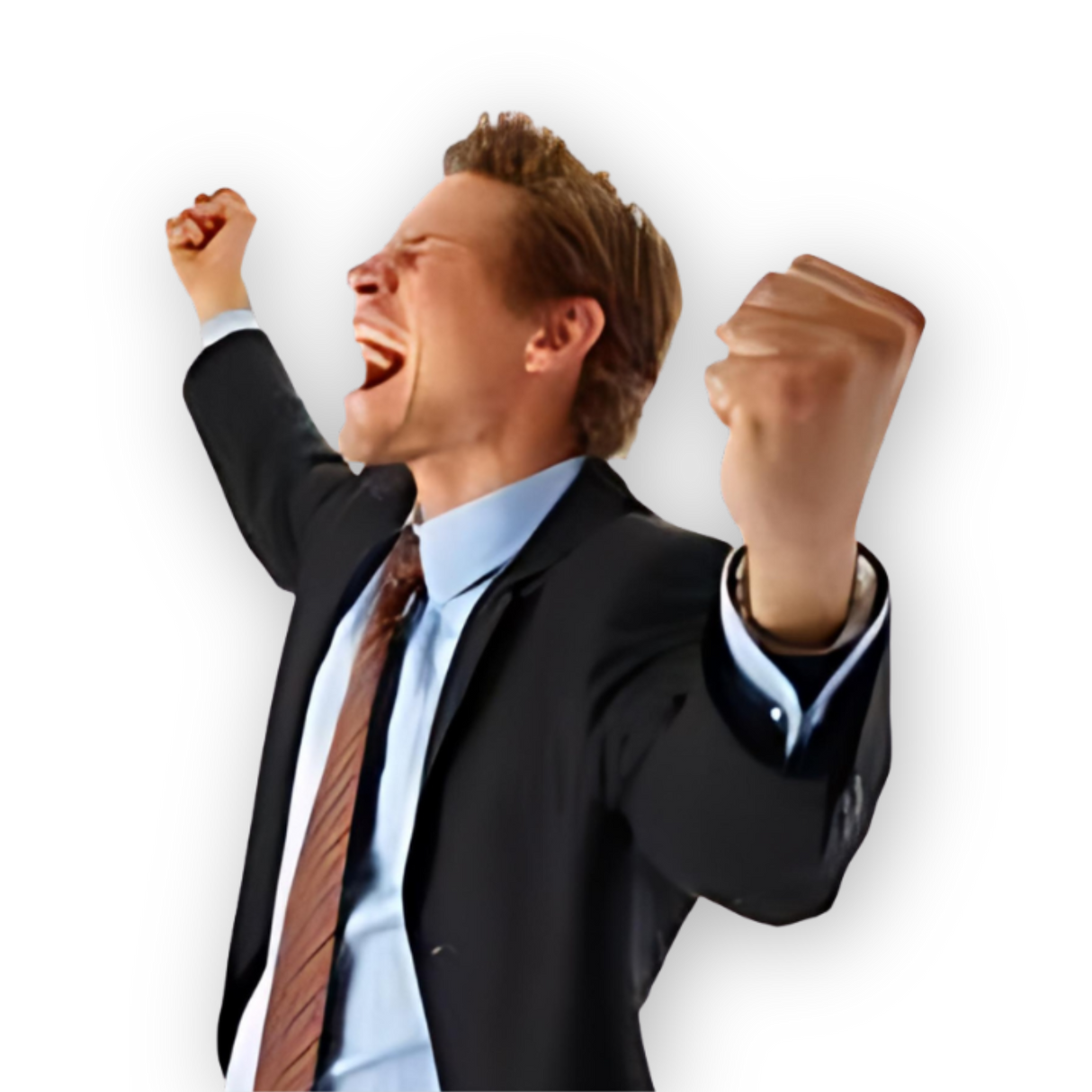 A joyful man in a suit celebrates with raised fists against a plain background, radiating the confidence and vitality inspired by the Pick-me-up Combination for Men.