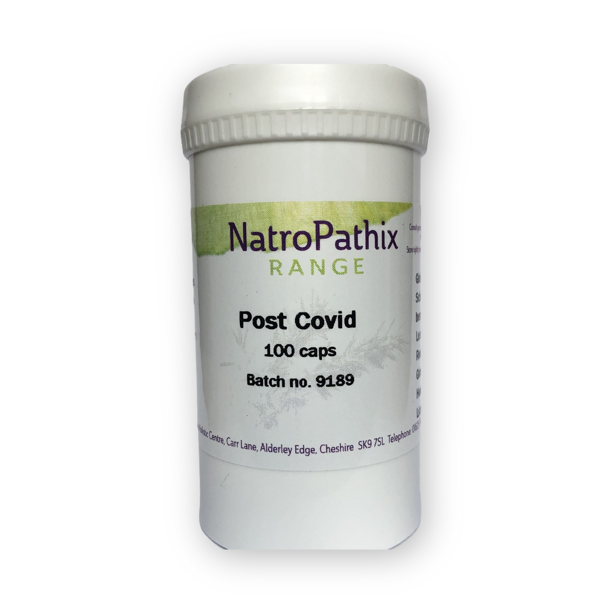 White bottle labeled "Post Covid - 100 Caps" contains adaptogenic capsules for post-COVID recovery, shown on a plain background.