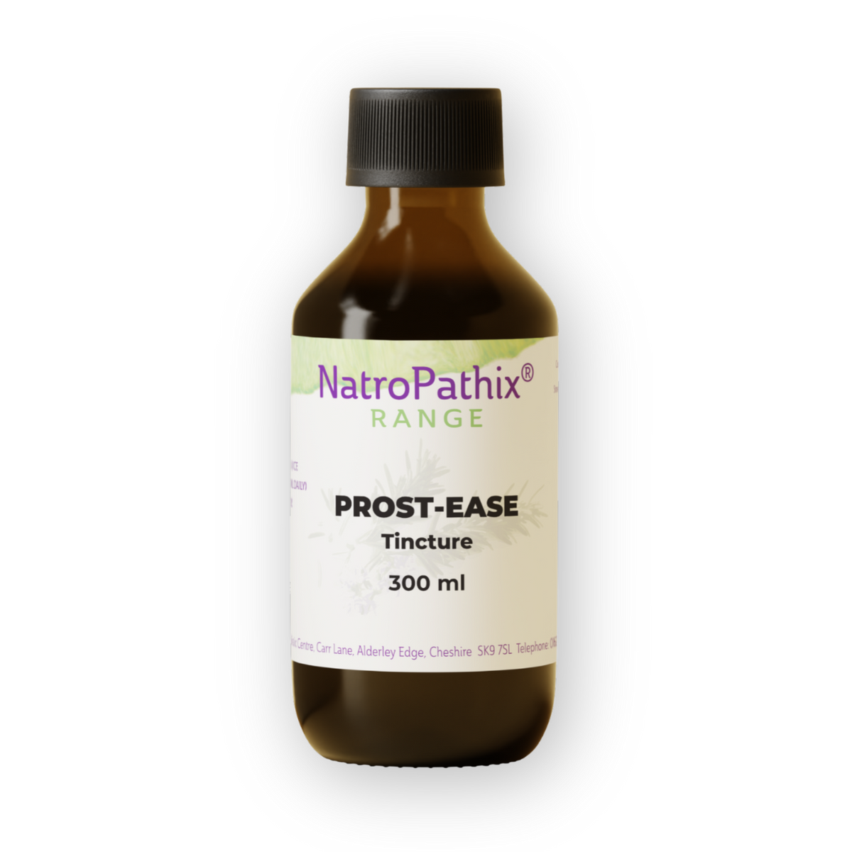 A brown bottle labeled "Prost-Ease Tincture - 300 ml" with a black cap on a white background, providing a natural solution for prostate health.
