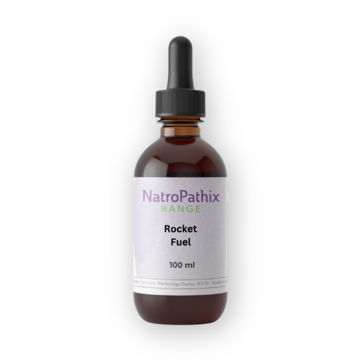 A brown dropper bottle labeled "Rocket Fuel" herbal tincture, formulated to support male libido, is shown on a white background.