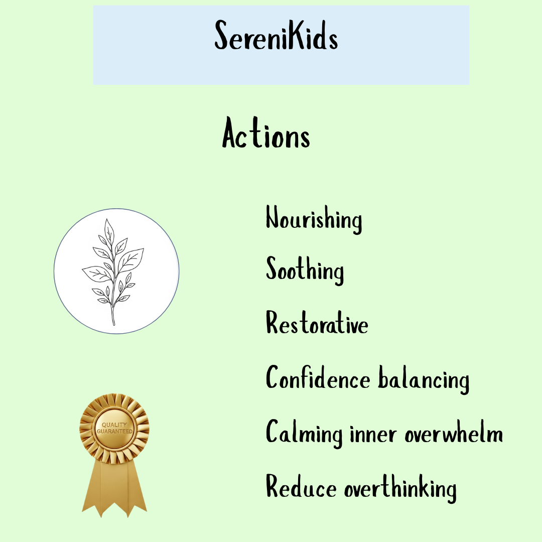 SereniKids - 100ml Tincture helps support emotional balance in kids by nourishing, calming, reducing overthinking, and providing natural stress relief with restorative and soothing effects.