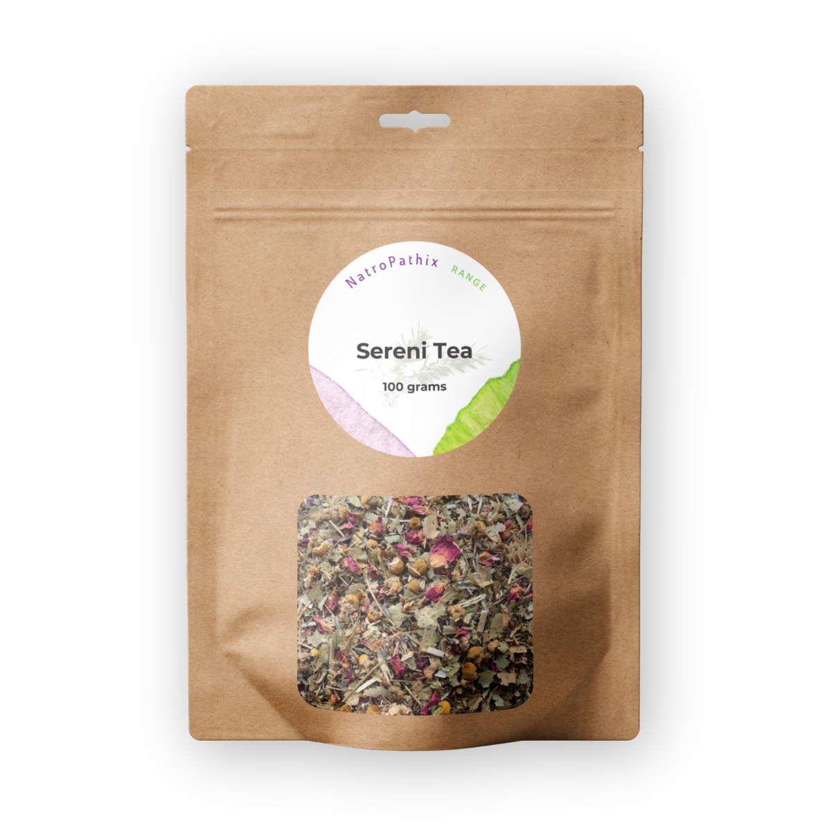 SereniTea - 100gms comes in a brown resealable bag with a clear window, showcasing the dried anxiety relief tea blend inside.