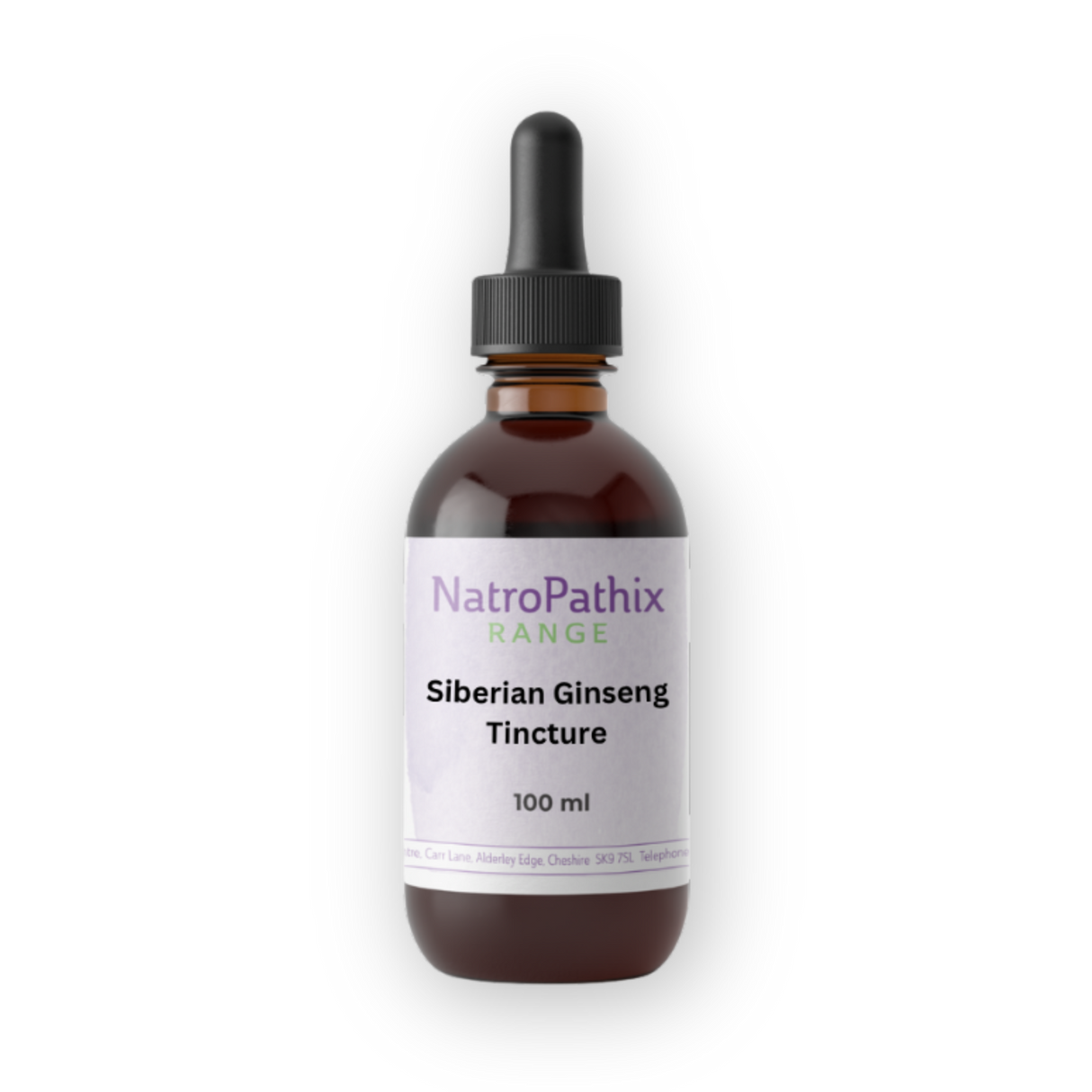 Brown glass dropper bottle labeled "Siberian Ginseng" on a white background, featuring Siberian ginseng for adrenal support and immune system boosting benefits.