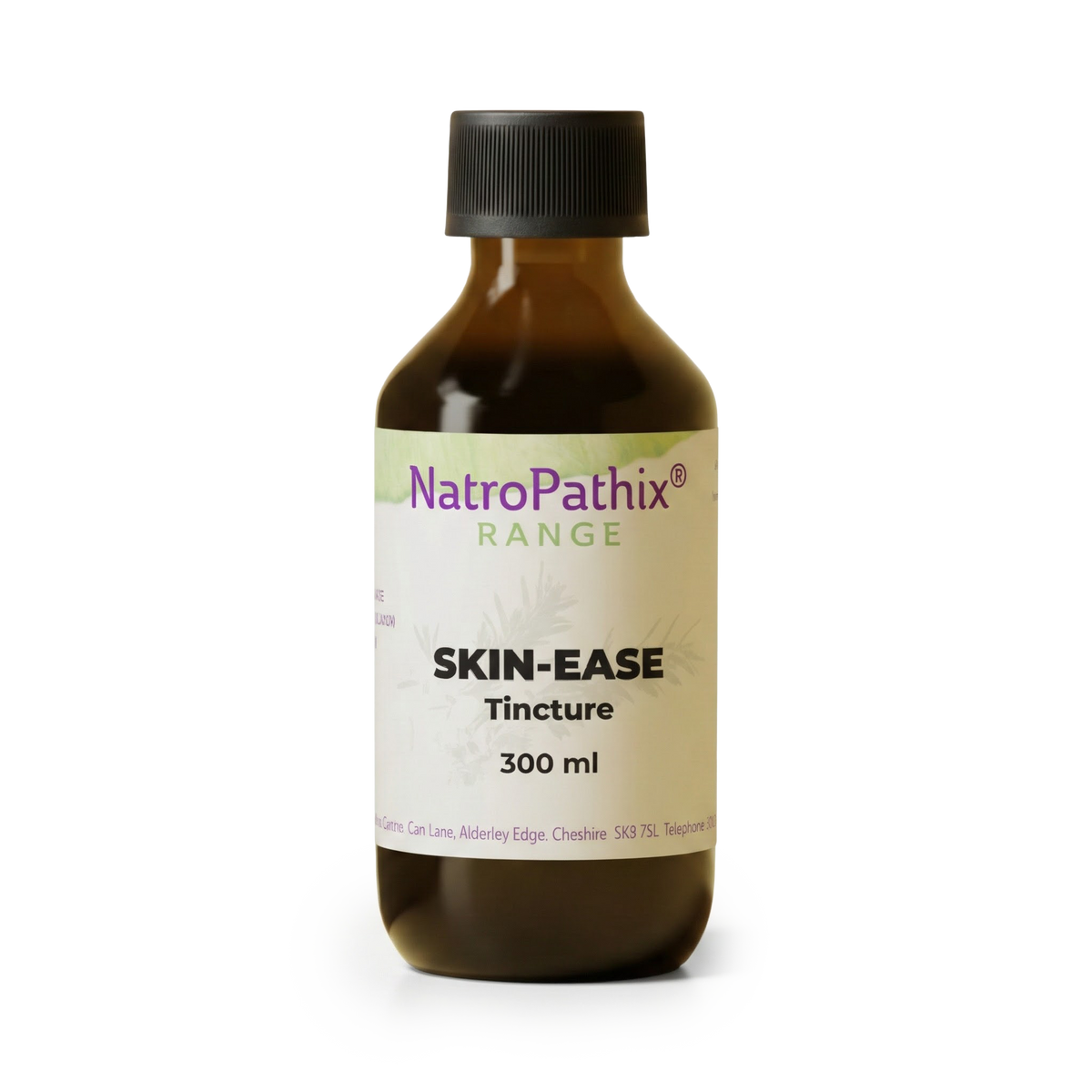 A brown bottle labeled "Skin-Ease Tincture - 200/300ml" rests on a white background, showcasing this herbal tincture formulated to help cleanse the blood and support skin health.