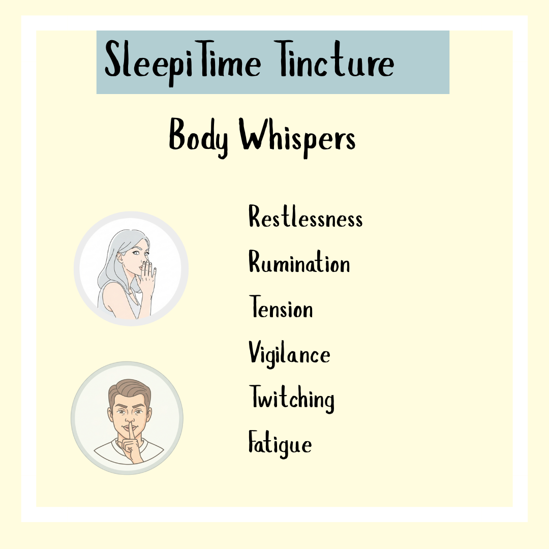 A list titled "SleepiTime Tincture: Body Whispers" displays symptoms and illustrations of a woman and a man, showcasing the natural sleep aid benefits of SleepiTime Tincture.