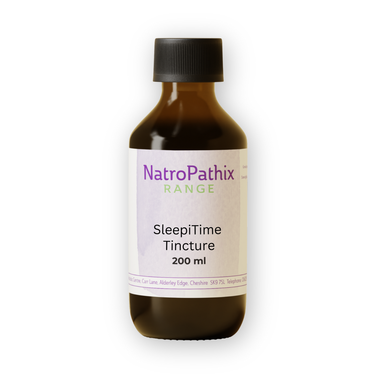 A brown bottle labeled "SleepiTime Tincture" with a black cap, featuring an herbal sleep aid tincture for restful nights.