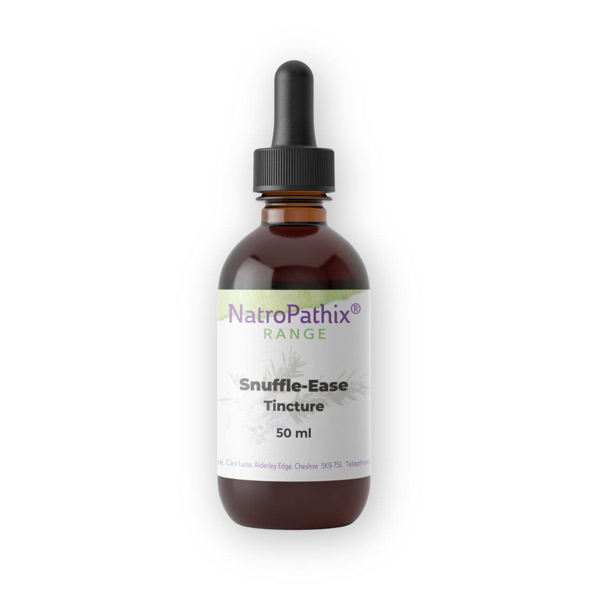 A brown glass dropper bottle labeled "Snuffle-Ease Tincture - 50ml" on a white background, formulated to support the immune system with anti-viral properties.