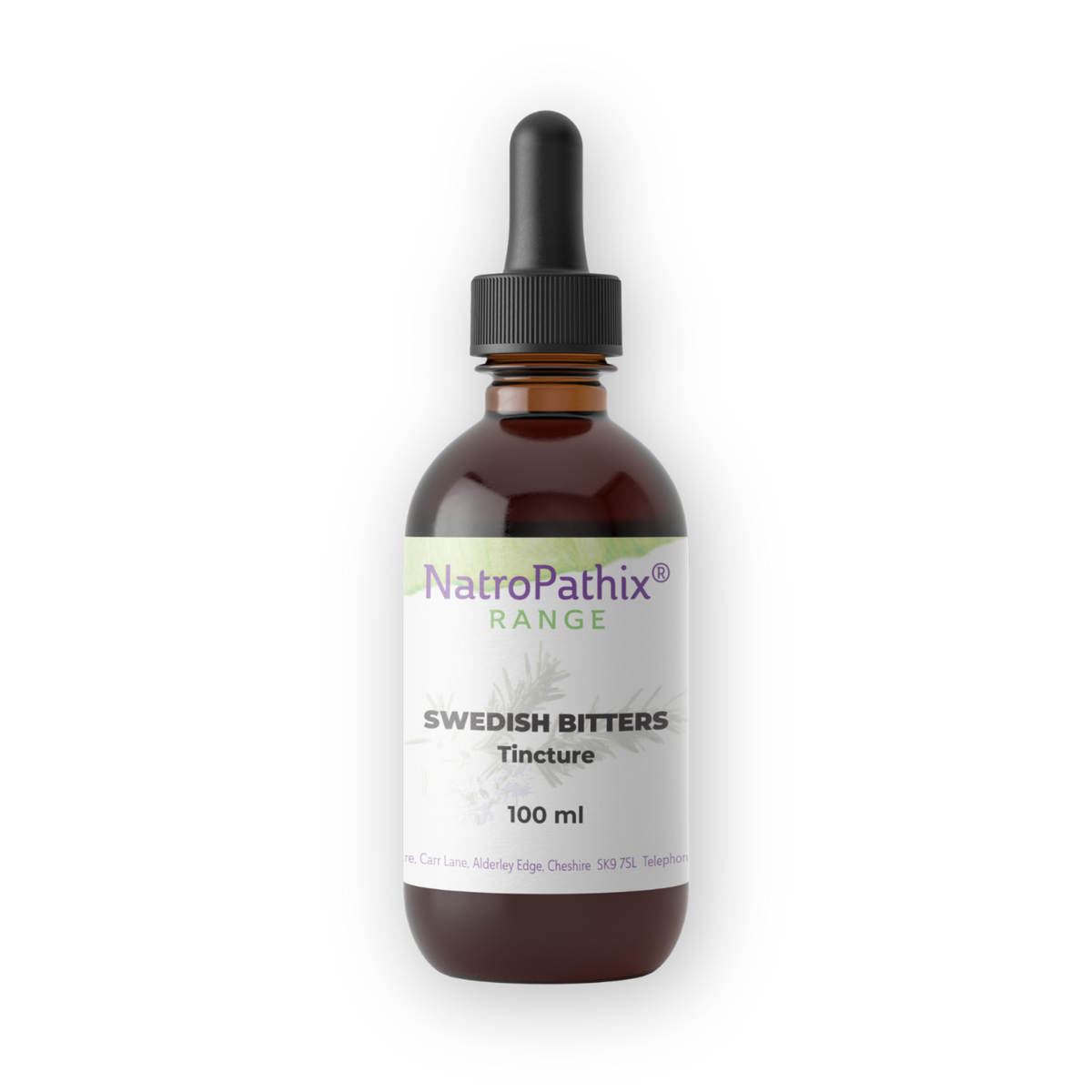 A brown glass dropper bottle labeled "Swedish Bitters Tincture - 100/200/300ml," a traditional herbal tonic used to support digestive health.