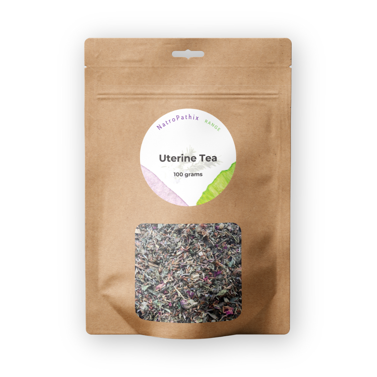 Brown resealable bag labeled "Uterine Tea - 100gms" features a window displaying loose herbal tea inside, specially formulated to support uterine health and women’s wellness.