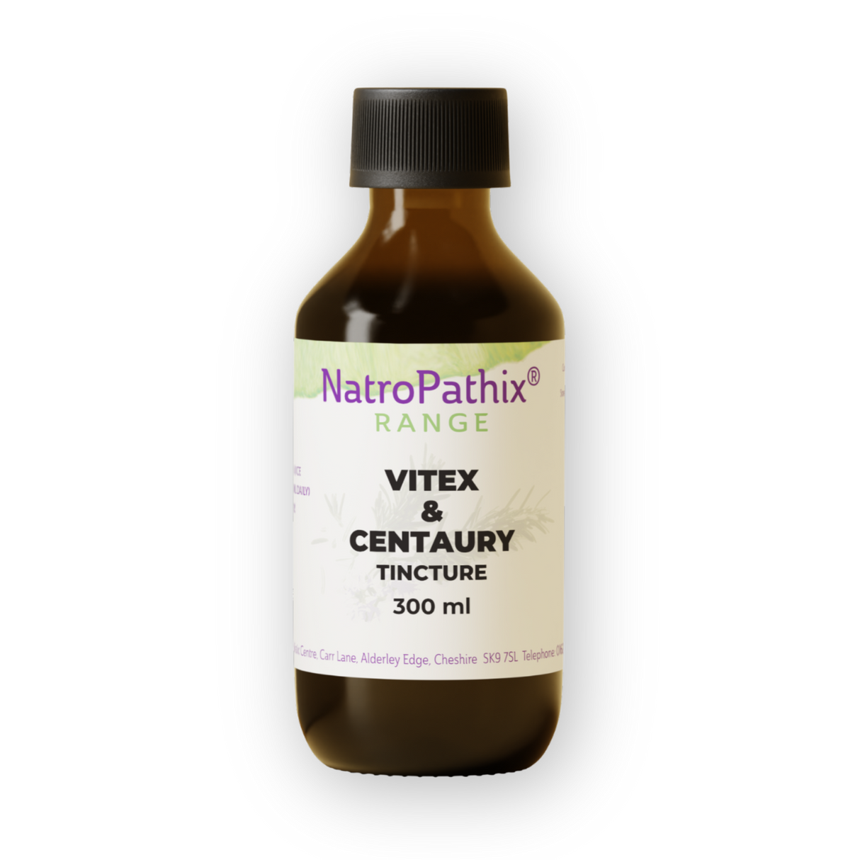 A brown bottle labeled "Vitex and Centaury Tincture - 200/300ml" with a black cap, formulated to support hormonal balance and overall well-being.