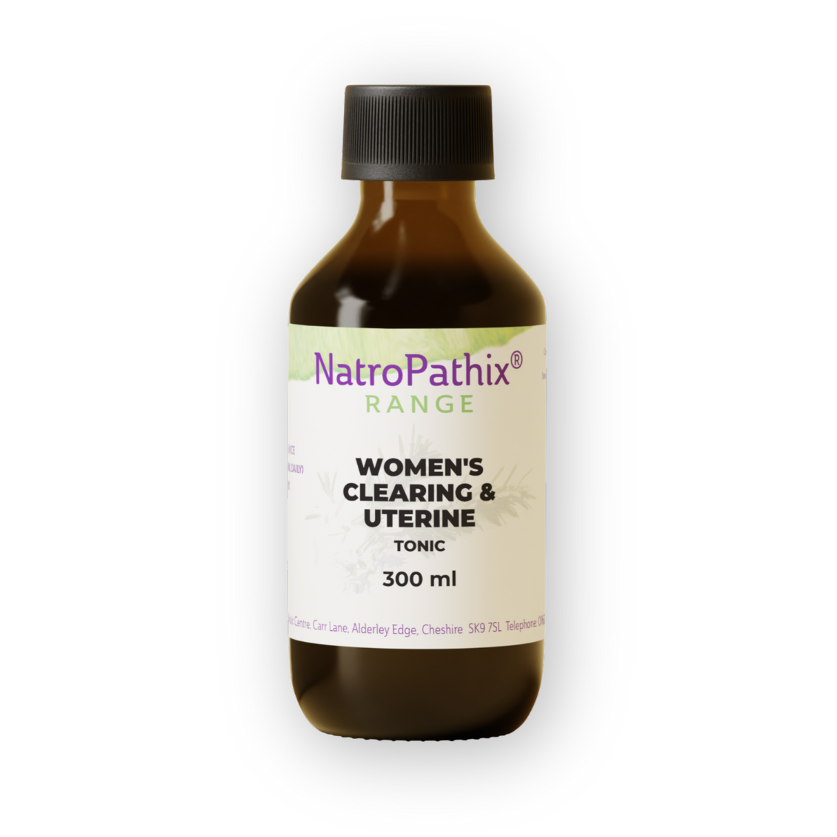 A brown bottle labeled "Women's Clearing & Uterine Tonic - 300ml," an herbal tincture for uterine health and hormonal balance, rests on a white background.