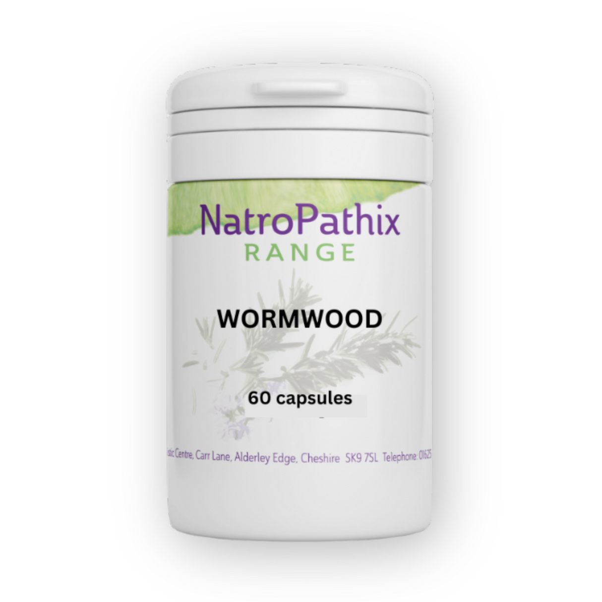 White bottle labeled "Wormwood - 60 Capsules" with a green and purple design—formulated to support digestive health and promote effective parasite cleansing.