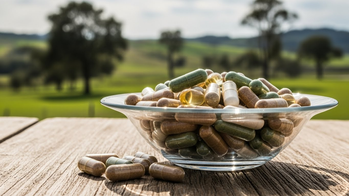 A glass bowl on a wooden table with various coloured capsules