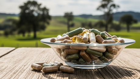 A glass bowl on a wooden table with various coloured capsules