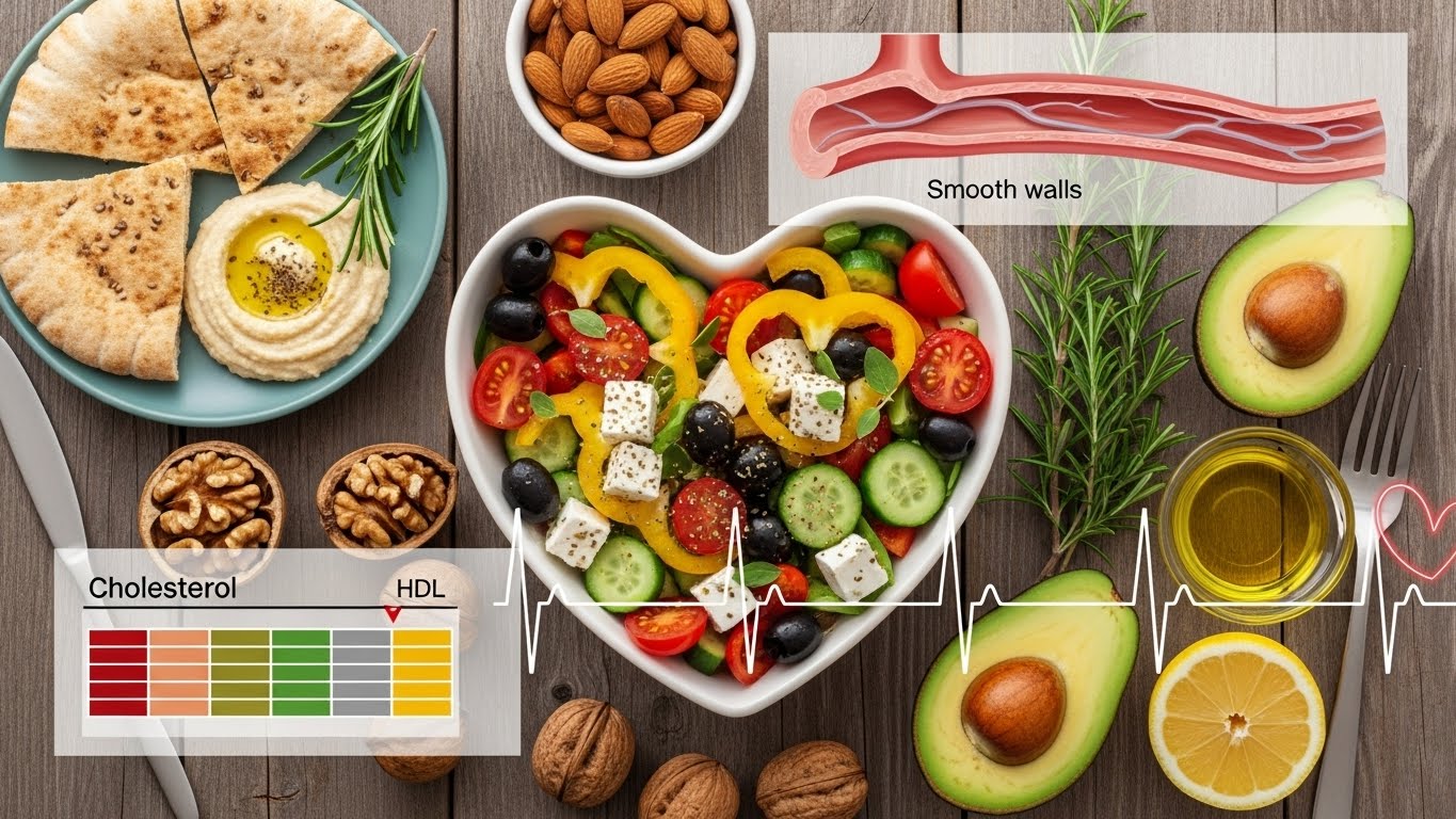 A heart-shaped plate with the Mediterranean diet and healthy food