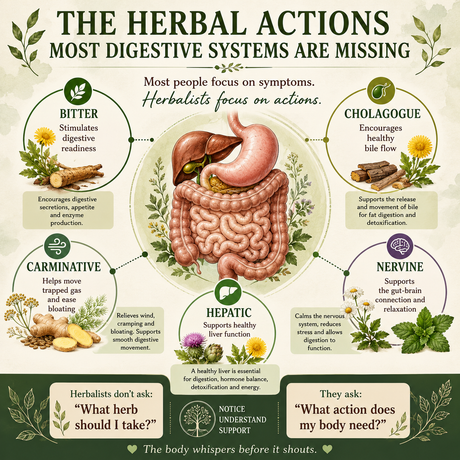 Herbal actions digestive health infographic showing five key actions — bitter, cholagogue, carminative, nervine and hepatic — surrounding an anatomical digestive system illustration with botanical herbs and the tagline "The body whispers before it shouts"