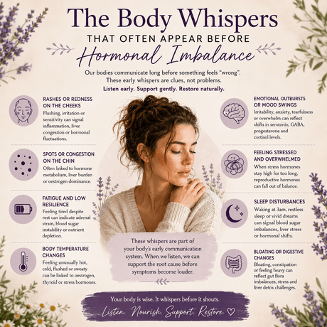 Infographic showing the early body whispers that often appear before hormonal imbalance, including skin changes, fatigue, mood shifts and temperature fluctuations