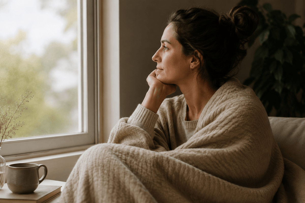 A serene, cozy scene featuring a woman looking reflectively out a sunlit window, wrapped comfortably in a plush knitted blanket, symbolizing the journey toward nervous system 'softening' with herbal rest support.