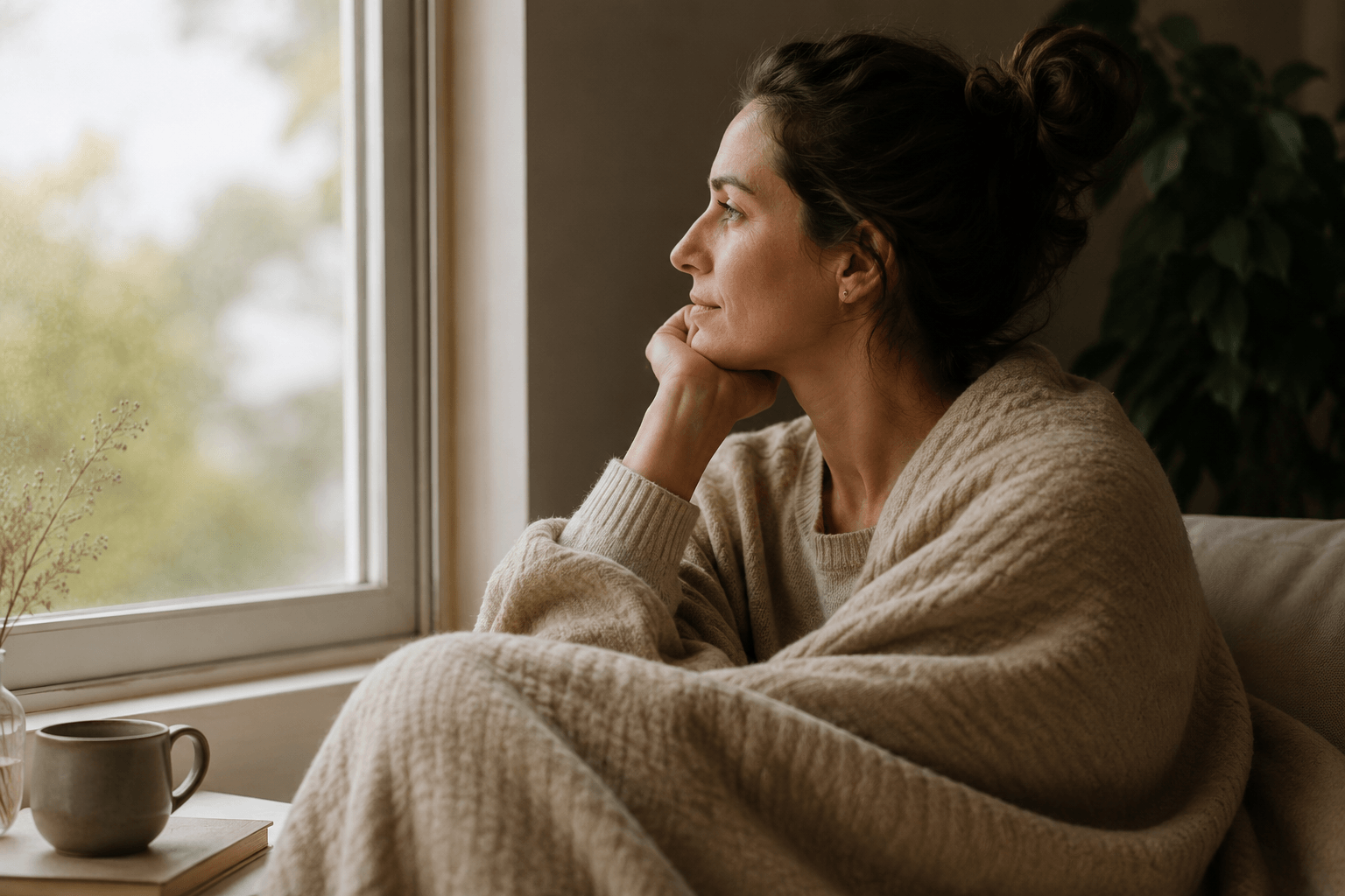 A serene, cozy scene featuring a woman looking reflectively out a sunlit window, wrapped comfortably in a plush knitted blanket, symbolizing the journey toward nervous system 'softening' with herbal rest support.